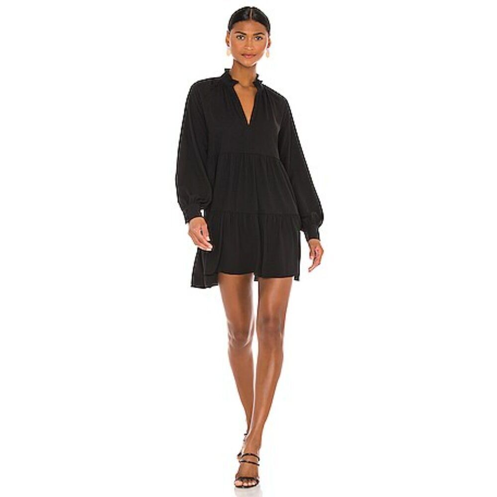 AMANDA UPRICHARD Black Tiered V-Neck Boho Relaxed Cottage Mini Dress Size Small